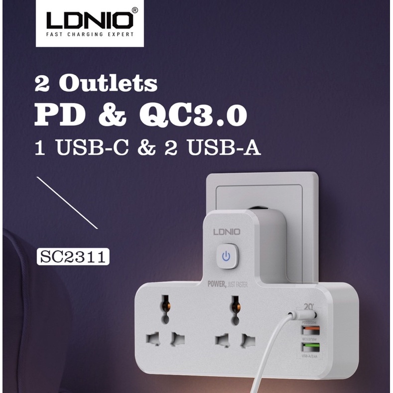 LDNIO SC2311 Power Strip 2 Port with 2 USB and 1 USB-C PD & QC3.0 EU