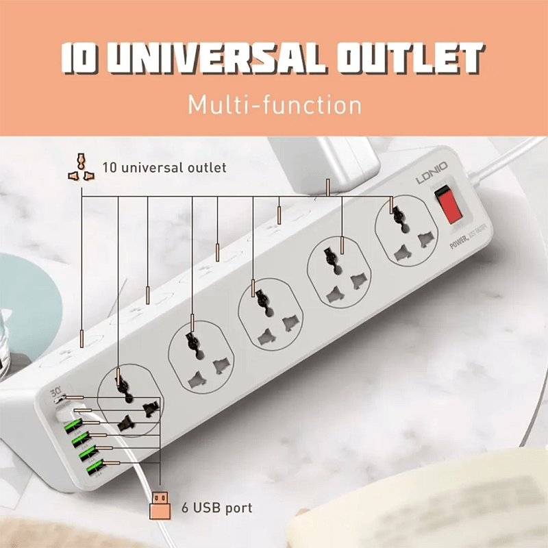 LDNIO SC10610 30W 6 Port Power Strip With 10 Outlets Surge Protection