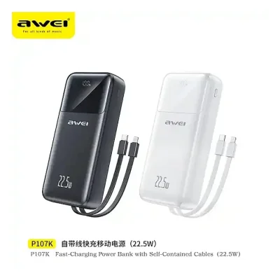 Awei P107K 20000mAh Powerbank 22.5W Fast charger with Built-in Cable Multiple Protection Long Battery Life for iOS&Android Mobile Phone - Image 1