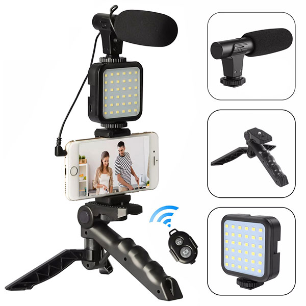 AY-49 Video Vlogger Kits Microphone LED Fill Light Mini Tripod For Phone Vlog Video Recording Condenser