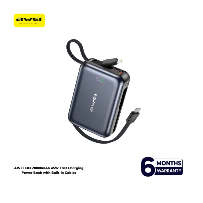 AWEI C03 20000mAh 45W Fast Charging Power Bank with Built-in...