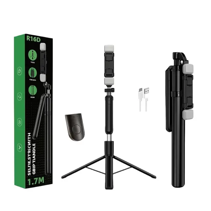 R16D Selfie stick with Grip handle and dual mini light