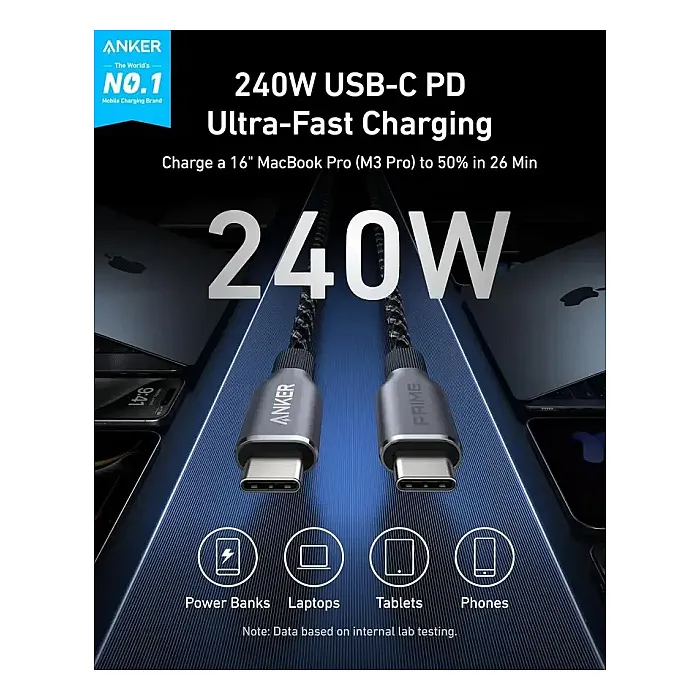 Anker Prime 240W USB-C to USB-C Upcycled-Braided Cable 3ft/6ft