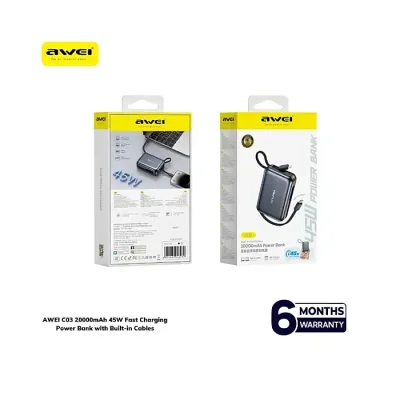AWEI C03 20000mAh 45W Fast Charging Power Bank with Built-in Cables - Image 3
