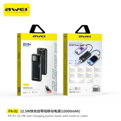 Awei PA-91 10000mah 22.5W Fast Charging Power Bank with Built‑in Cable - Image 2