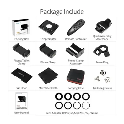 FEELWORLD TP10 Portable Foldable Teleprompter 10″ for Up to 11″ Smartphone Tablet Prompter Phone DSLR Camera Video Record for Live Stream Interview Speech with Lens Adapter Rings APP Control Carry Bag - Image 3