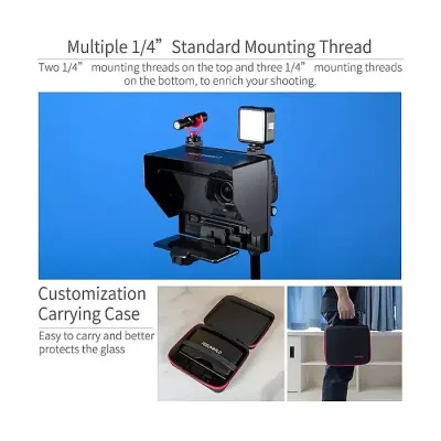 FEELWORLD TP10 Portable Foldable Teleprompter 10″ for Up to 11″ Smartphone Tablet Prompter Phone DSLR Camera Video Record for Live Stream Interview Speech with Lens Adapter Rings APP Control Carry Bag - Image 2