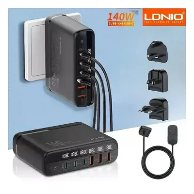 LDNIO A6140C 140W Super Fast Charging 6 USB Ports LED Display GaN Desktop Charger Adapter -1.5M - Image 2