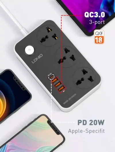 Ldnio SC3412 38W PD20W Power Strip 3 Socket Outlets anStrip 3 Socket Outlets and 3 QC 3.0 USBd 3 QC 3.0 USB - Image 4