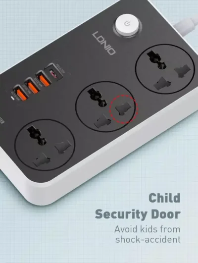 Ldnio SC3412 38W PD20W Power Strip 3 Socket Outlets anStrip 3 Socket Outlets and 3 QC 3.0 USBd 3 QC 3.0 USB - Image 3