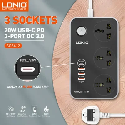Ldnio SC3412 38W PD20W Power Strip 3 Socket Outlets anStrip 3 Socket Outlets and 3 QC 3.0 USBd 3 QC 3.0 USB - Image 2