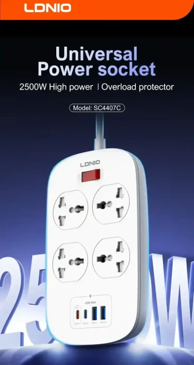 LDNIO SC4407C Universal Outlet 45W USB Power Strip with 4 AC outlets - Image 3