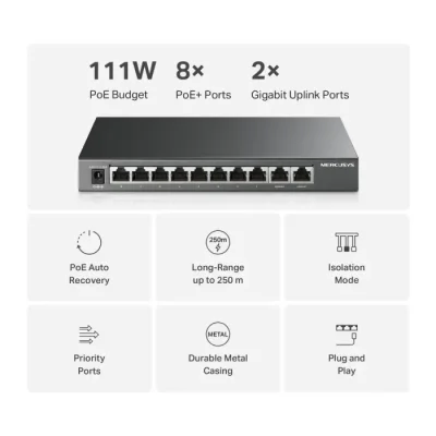 MERCUSYS MS110GMP 10-PORT GIGABIT DESKTOP SWITCH WITH 8-PORT POE Plus 111W TOTAL POE BUDGET - Image 3