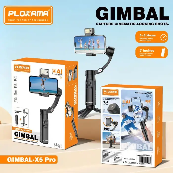 PLOKAMA Gimbal-x5 pro Tripod AI with Ring Magnetic for Smartphones up to 7 Inch