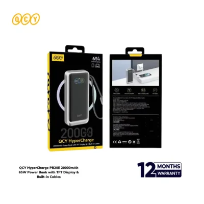 QCY HyperCharge PB20E 20000mAh 65W Power Bank with TFT Display & Built-in Cables - Image 2