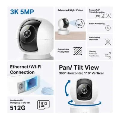 TP-Link Tapo C232 5MP AI Pan/Tilt AI Home Security Wi-Fi Camera - Image 2