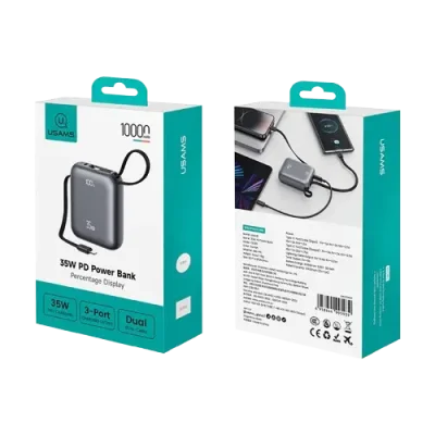 USAMS CD261 PB86 10000mAh PD Fast Charging​ Power Bank with dual built-in Type-C and Lightning cables with up to 35W Power Delivery for fast charging - Image 3