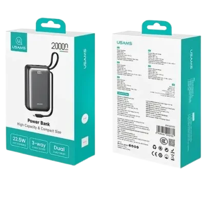 USAMS CD279 PB98 20000mAh 22.5W PD Power Bank with Digital Display built-in Type-C & Lightning charging cable - Image 4