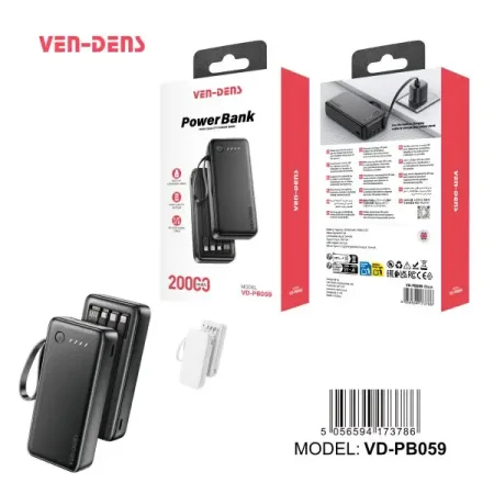 Vendens VD-PB059 20000mAh Power Bank built-in cable with LED torch light fast charging Power Bank