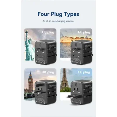 VENTION FJEB0 3-Port USB (C + A + A) Universal Travel  Adapter (20W/18W/18W) Black - Image 2