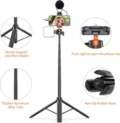 VRIG TP-16 140cm/55in Selfie Stick Tripod Stand with Flexible Ball Head Phone Holder 1/4 Inch Screw Connection for Smartphone Camera Vlog Live Streaming Selfie Video Recording - Image 4
