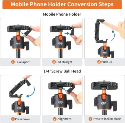 VRIG TP-16 140cm/55in Selfie Stick Tripod Stand with Flexible Ball Head Phone Holder 1/4 Inch Screw Connection for Smartphone Camera Vlog Live Streaming Selfie Video Recording - Image 6