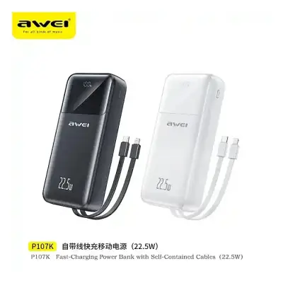 Awei P107K 20000mAh Powerbank 22.5W Fast charger with Built-in Cable Multiple Protection Long Battery Life for iOS&Android Mobile Phone