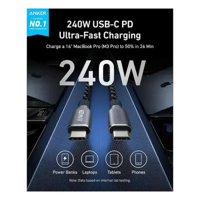 Anker Prime 240W USB-C to USB-C Upcycled-Braided Cable 3ft/6ft