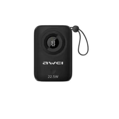 Awei P23K 10000mAh Digital Display Mini Power Bank Built‑in Type‑C + iP Cables 22.5W Fast Charging 4‑Port Output Intelligent Power Display Travel‑Ready