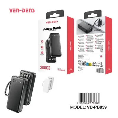 Vendens VD-PB059 20000mAh Power Bank built-in cable with LED...