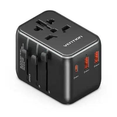 VENTION FJEB0 3-Port USB (C + A + A) Universal Travel  Adapter (20W/18W/18W) Black