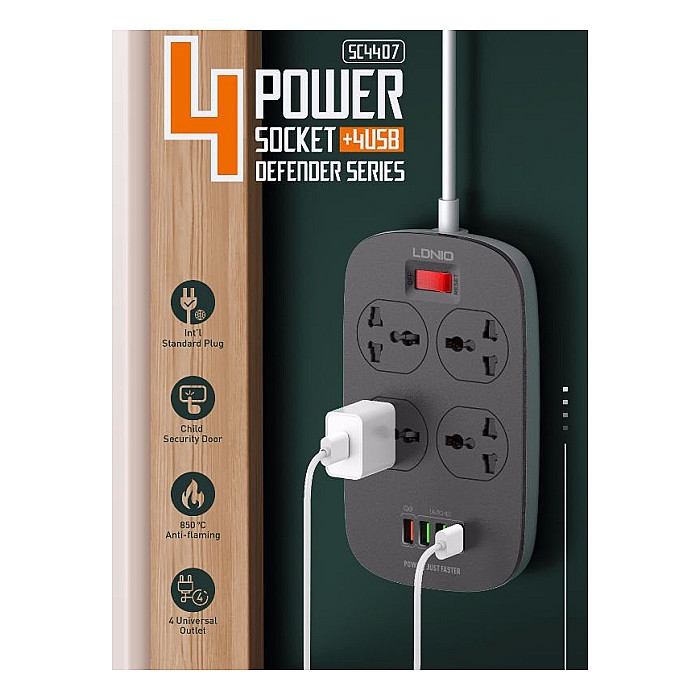 LDNIO SC4407 Power Socket 4 USB Charger with 3 Pin 4 Port Power...