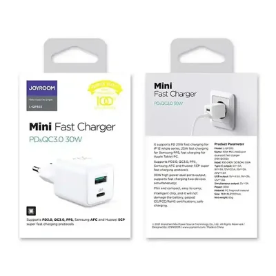 Joyroom L-QP303 Fast Charger 30W with USB-C Power Delivery for iPhone 13 Dual Port PD+QC3.0 Intelligent Fast Charger Adapter - Image 1