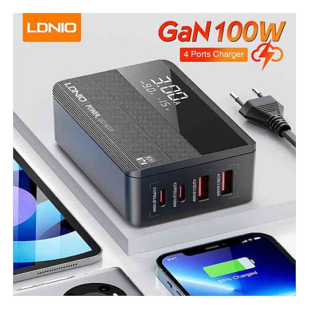LDNIO A4809C GaN 100W USB-C Fast Charging 4 Port Adapter Wall Chargers with Voltage Display Desktop Charger