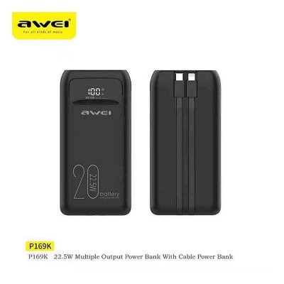Awei P169K 20000mAh Power Bank 22.5W Dual Input Dual Output with Built-in Cable - Image 1