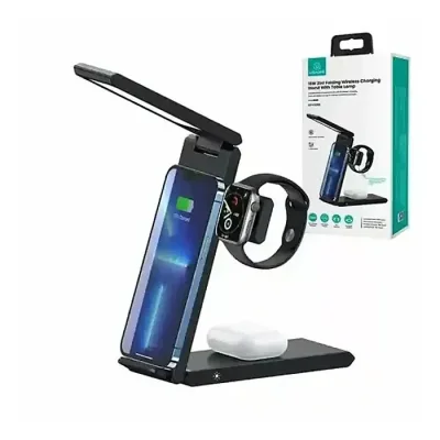 USAMS US-CD181 15W 3 in 1 Folding Wireless Charging Stand With Table Lamp - Image 1