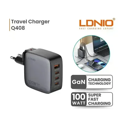 LDNIO Q408 100W GaN Super Fast Charger with Replaceable Plug (US/EU/UK) - Image 1