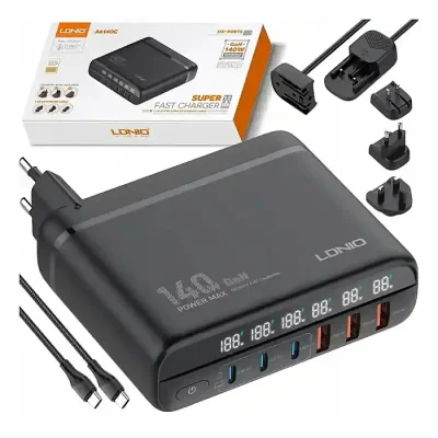 LDNIO A6140C 140W Super Fast Charging 6 USB Ports LED Display GaN Desktop Charger Adapter -1.5M - Image 1