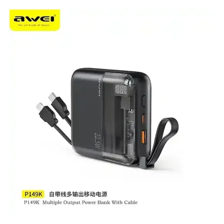 Awei P149K Mini Portable Power Bank 10000mAH With Cable PD 22.5W Fast Charge External Battery Multi Output Powerbank For Phone