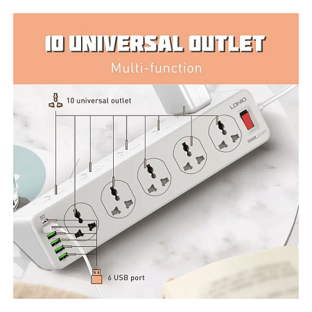LDNIO SC10610 30W 6 Port Power Strip With 10 Outlets Surge Protection