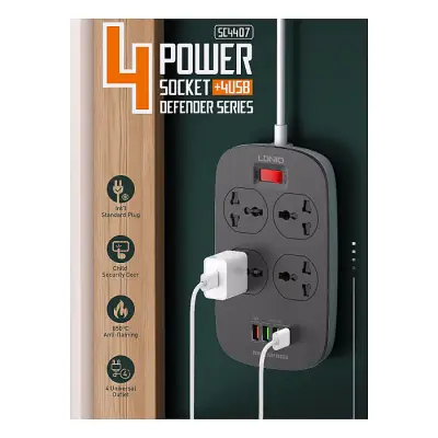 LDNIO SC4407 Power Socket 4 USB Charger with 3 Pin 4 Port Power...
