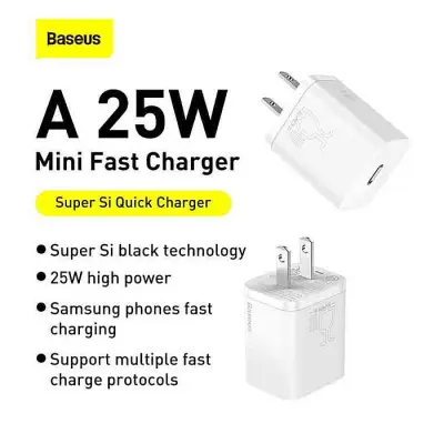 Baseus Super Si Quick Charger 1C 25W US Sets With Mini White Cable Type-C to Type-C 3A 1m white