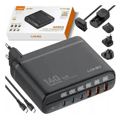 LDNIO A6140C 140W Super Fast Charging 6 USB Ports LED Display GaN Desktop Charger Adapter -1.5M
