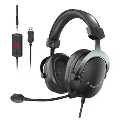 Fifine Ampligame H9 PC Gaming Headset, USB Headset with 7.1 Surround Sound, Detachable Microphone, Control Box, 3.5mm Headphones Jack, Over-Ear Wired Headset