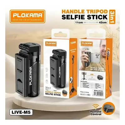 PLOKAMA live-M5 Extendable Grip Tripod Mini Selfie Stick Bluetooth Remote Control Tripod 3 In 1 Tongsis Tripod